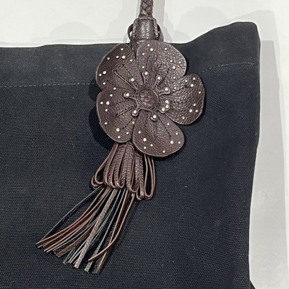 Brighton Large Black Canvas Tote Bag Purse Brown Leather Detail Flower Charm - Picture 2 of 16